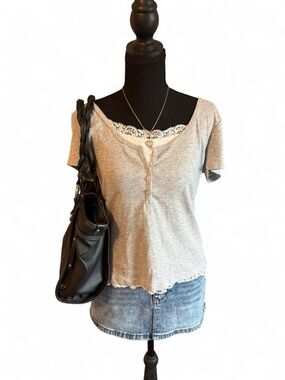 Pink Republic Women's Gray Lace-Trim Henley Top, Size XL
